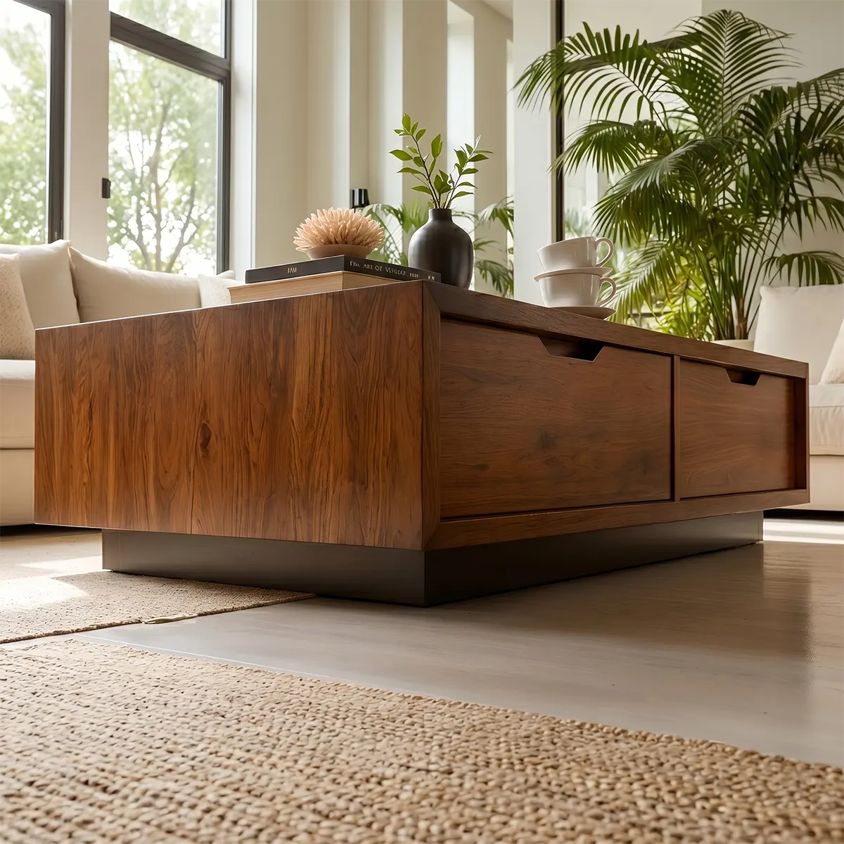 Modern Solid Wood Coffee Table with Large Dual Storage Drawers