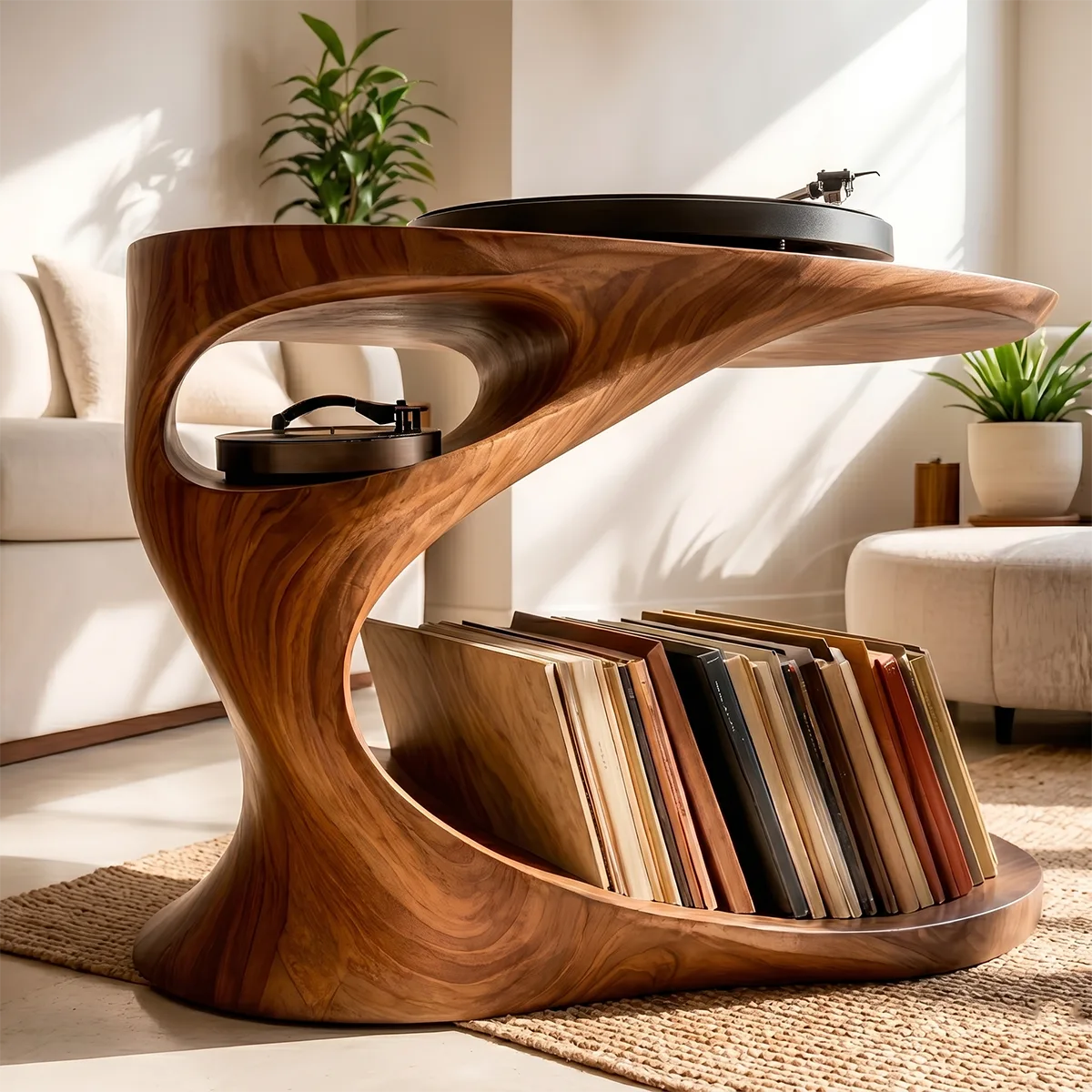 Elegant Solid Wood Record Player Stand with Curved Vinyl Storage