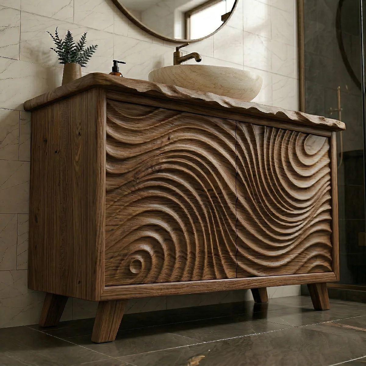 Solid Wood Bathroom Vanity with Carved Wave Doors and Live Edge Top