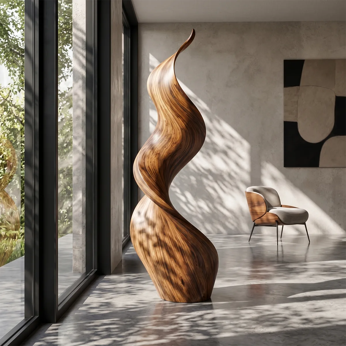 Handcrafted Solid Wood Flame Sculpture – Modern Organic Floor Art for Living Room TT006-7224