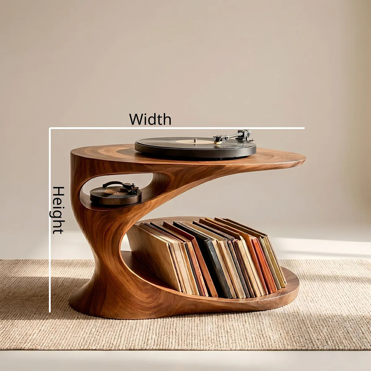 Elegant Solid Wood Record Player Stand with Curved Vinyl Storage