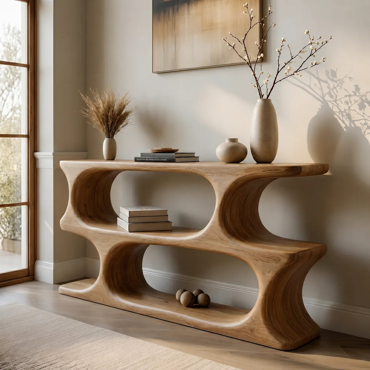 Two-Tier Solid Wood Console Table | Organic Sculptural Design HL020-9527