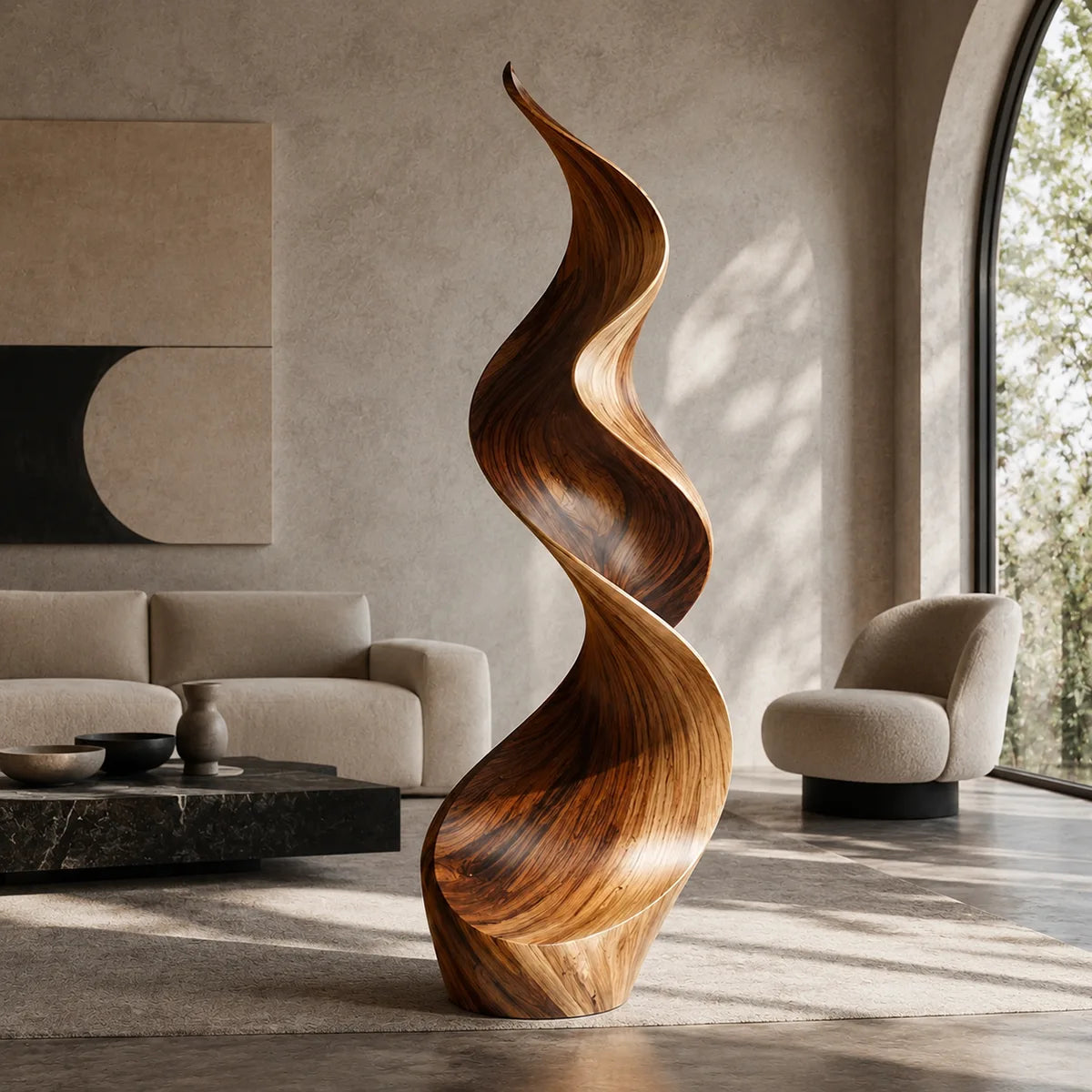 Handcrafted Solid Wood Flame Sculpture – Modern Organic Floor Art for Living Room TT006-7224