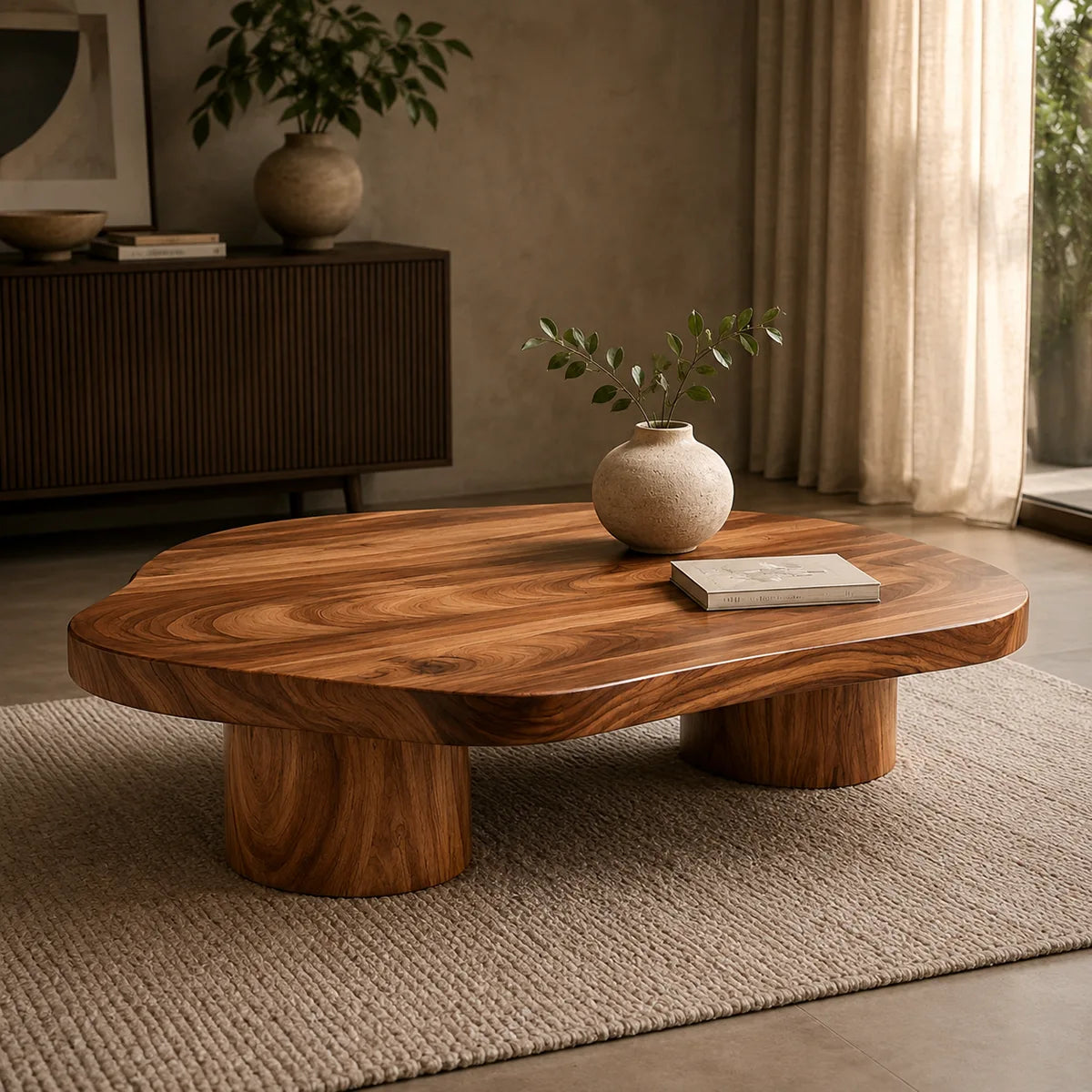 Organic Solid Wood Coffee Table | Freeform Hardwood Coffee Table with Dual Pedestal Base TT006-4716