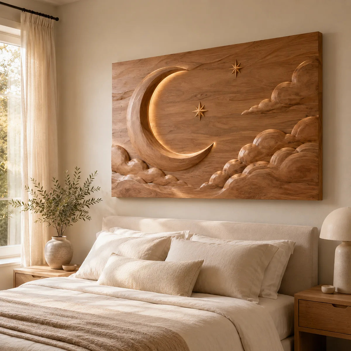 Celestial Moon Wood Wall Art | Crescent Moon & Clouds Wooden Wall Decor for Living Room, Bedroom & Nursery TT006-2082