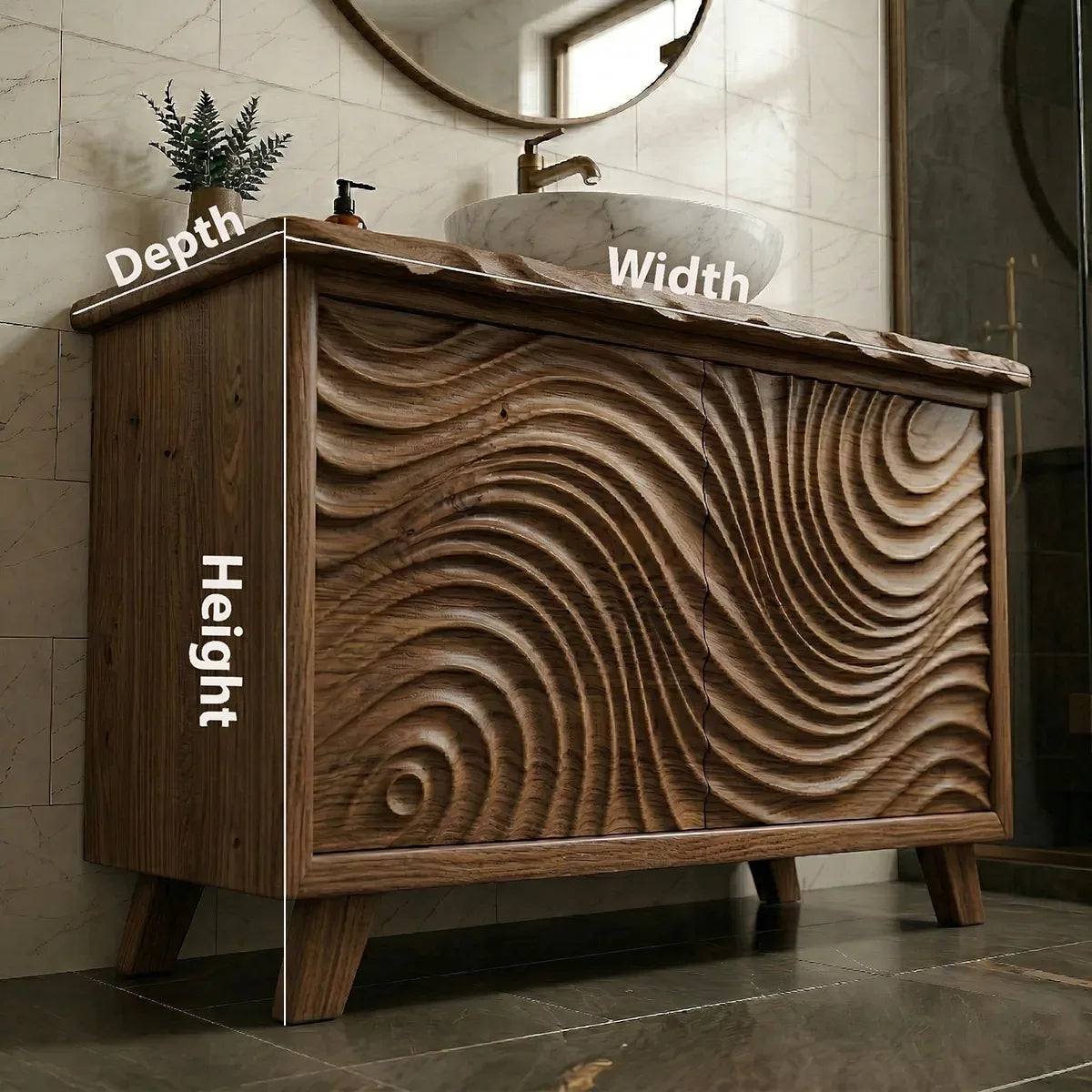 Solid Wood Bathroom Vanity with Carved Wave Doors and Live Edge Top