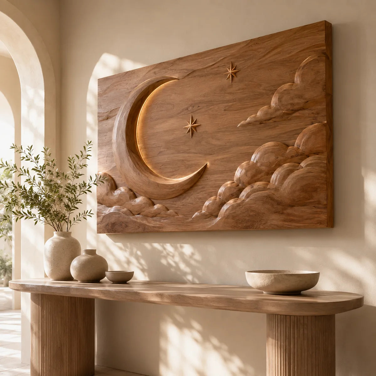 Celestial Moon Wood Wall Art | Crescent Moon & Clouds Wooden Wall Decor for Living Room, Bedroom & Nursery TT006-2082