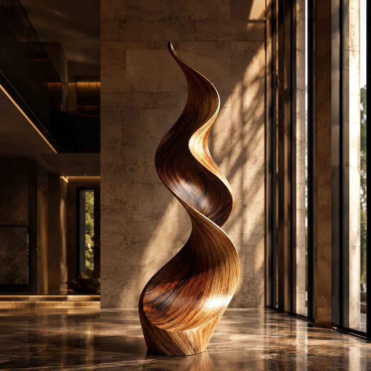 Handcrafted Solid Wood Flame Sculpture – Modern Organic Floor Art for Living Room TT006-7224