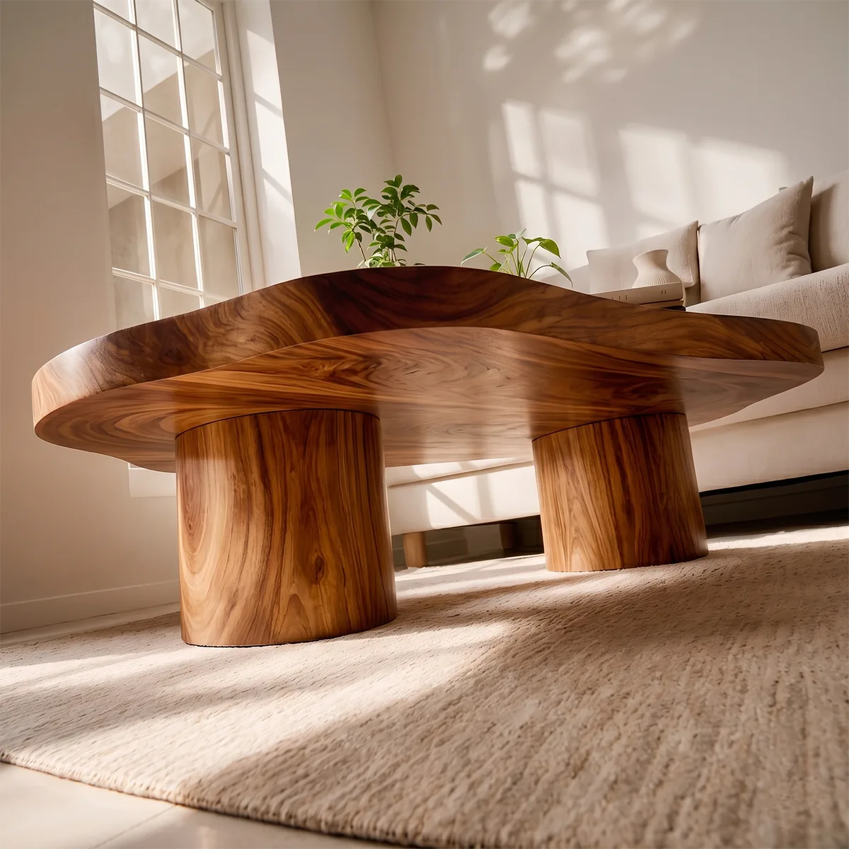 Organic Solid Wood Coffee Table | Freeform Hardwood Coffee Table with Dual Pedestal Base TT006-4716