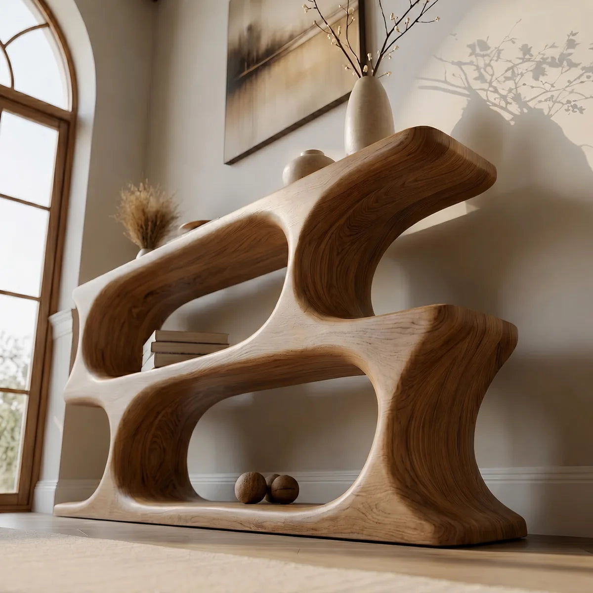 Two-Tier Solid Wood Console Table | Organic Sculptural Design HL020-9527
