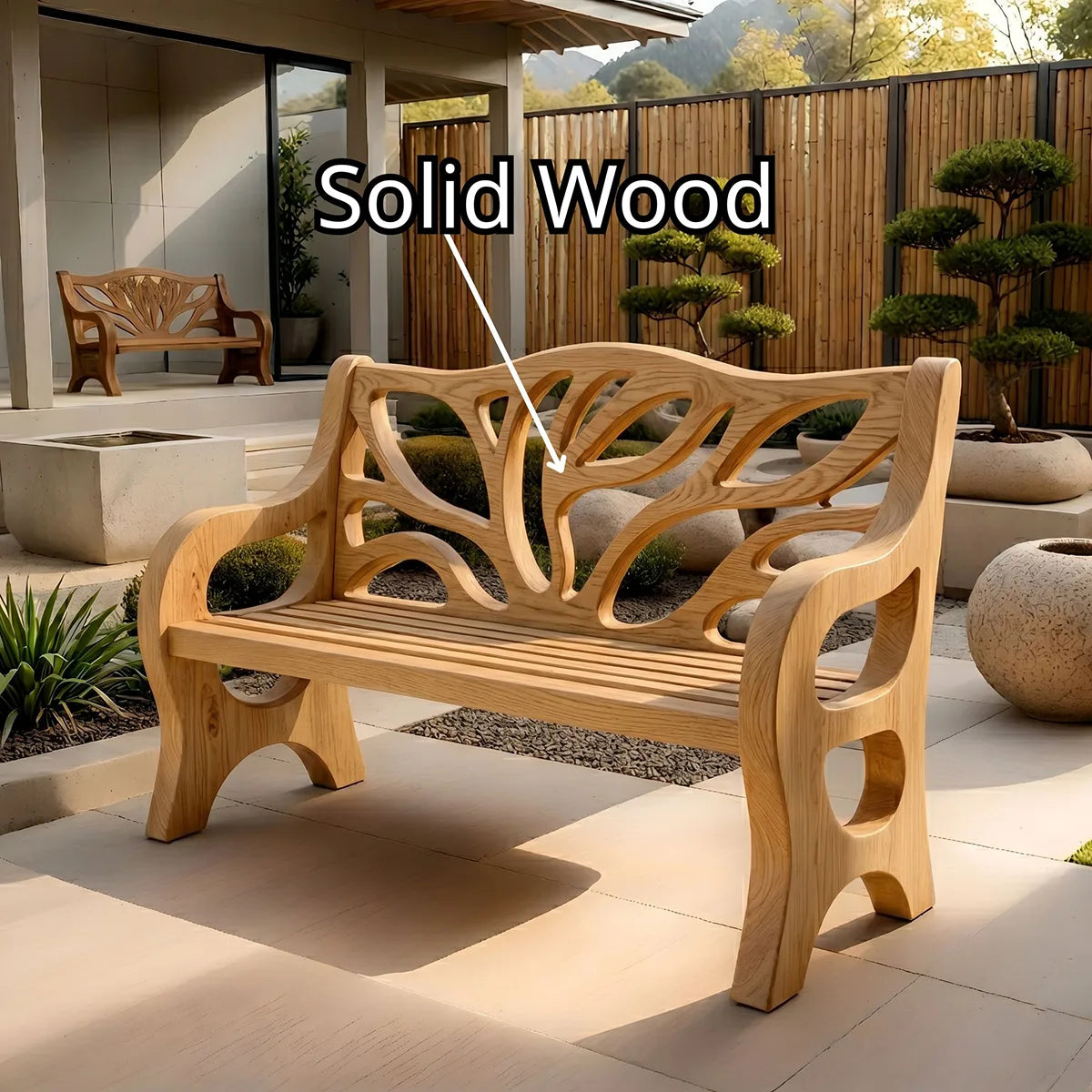 Handcrafted Solid Wood Outdoor Garden Bench Organic Branch Backrest