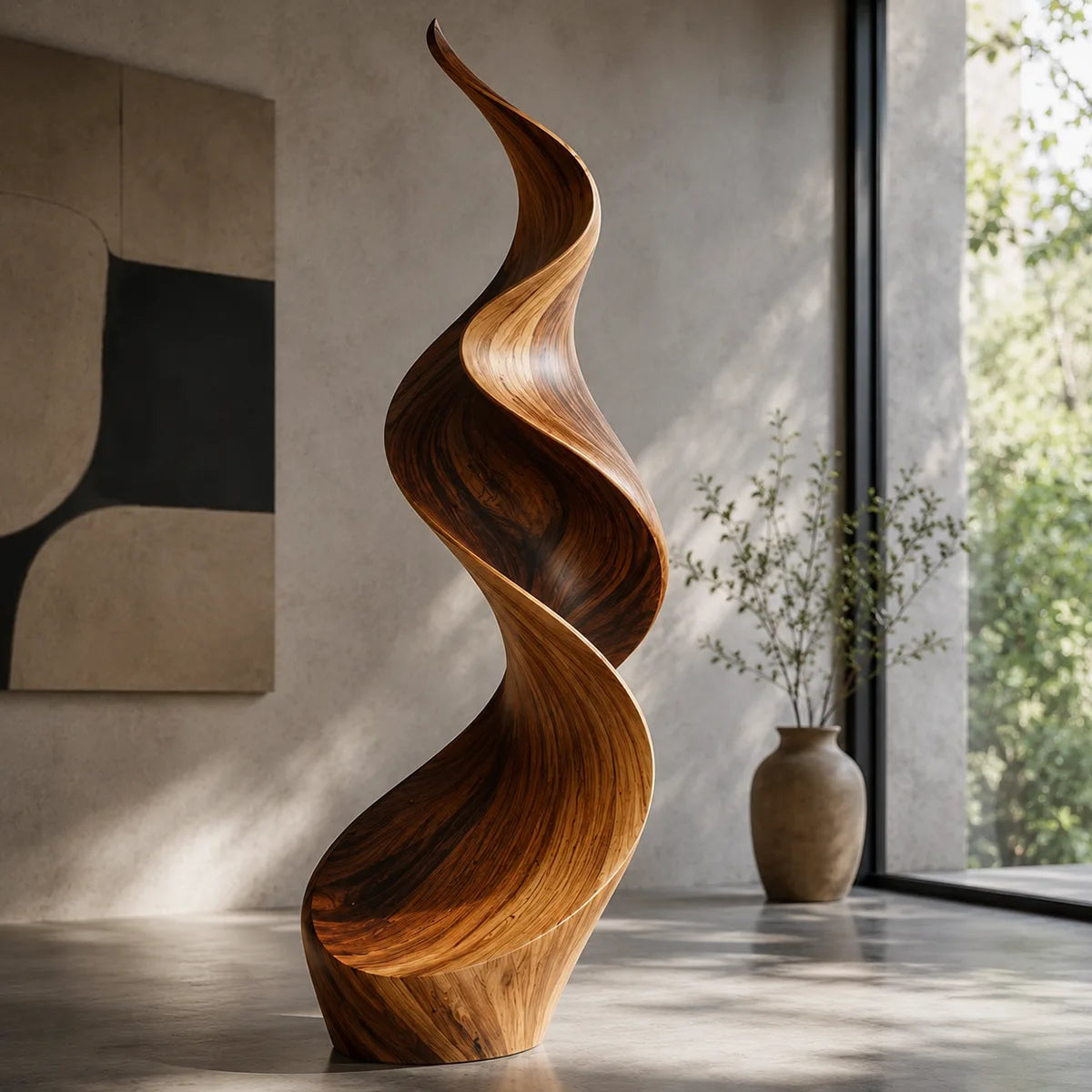 Handcrafted Solid Wood Flame Sculpture – Modern Organic Floor Art for Living Room TT006-7224