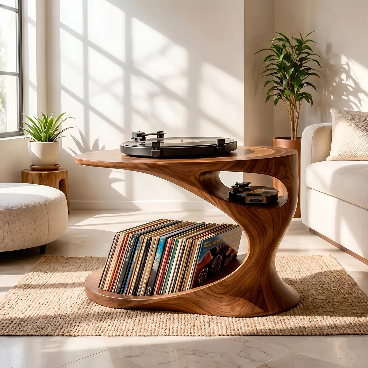 Elegant Solid Wood Record Player Stand with Curved Vinyl Storage