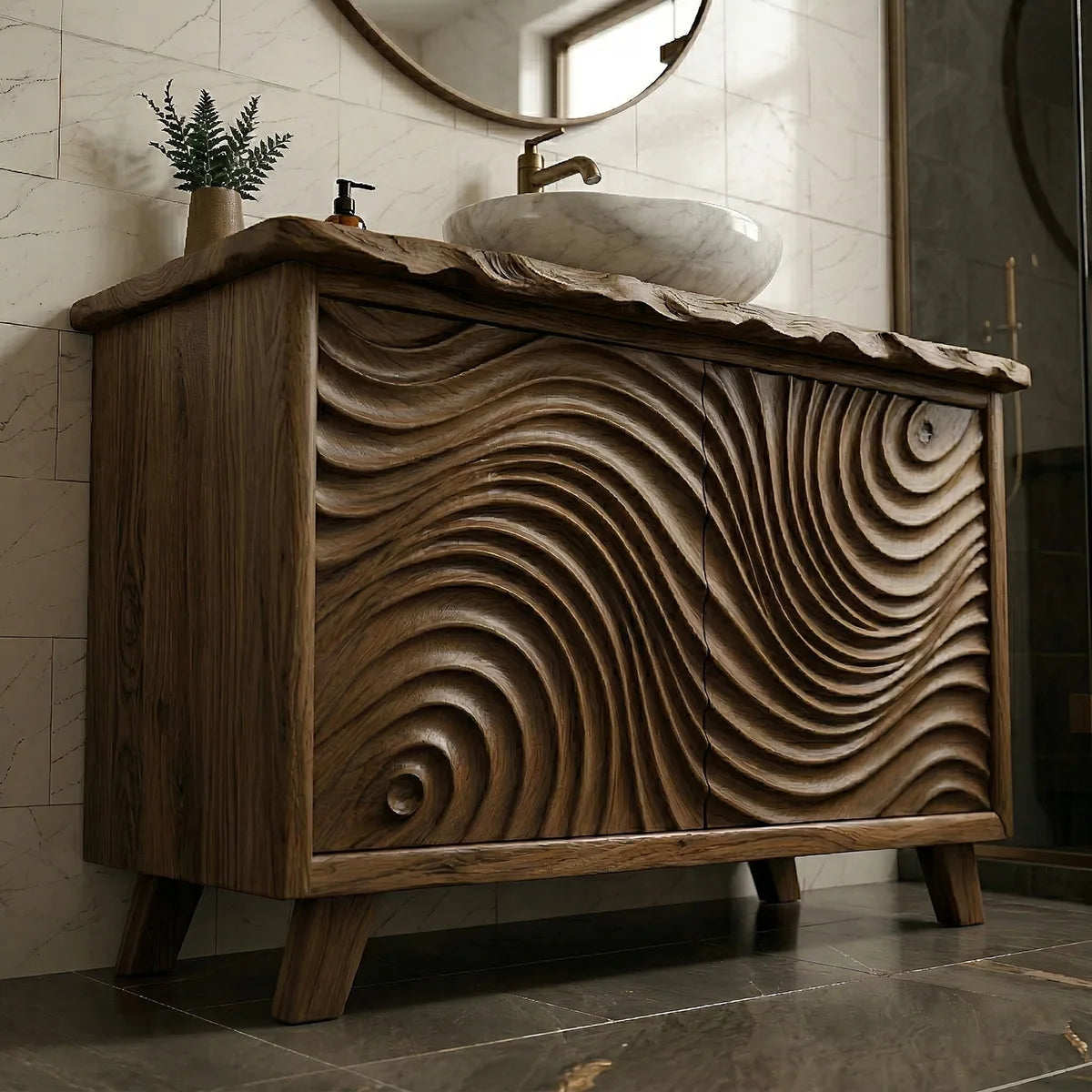 Solid Wood Bathroom Vanity with Carved Wave Doors and Live Edge Top