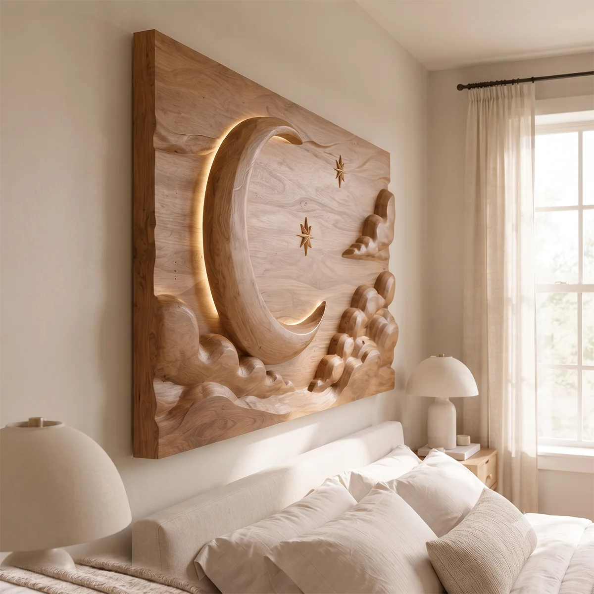 Celestial Moon Wood Wall Art | Crescent Moon & Clouds Wooden Wall Decor for Living Room, Bedroom & Nursery TT006-2082