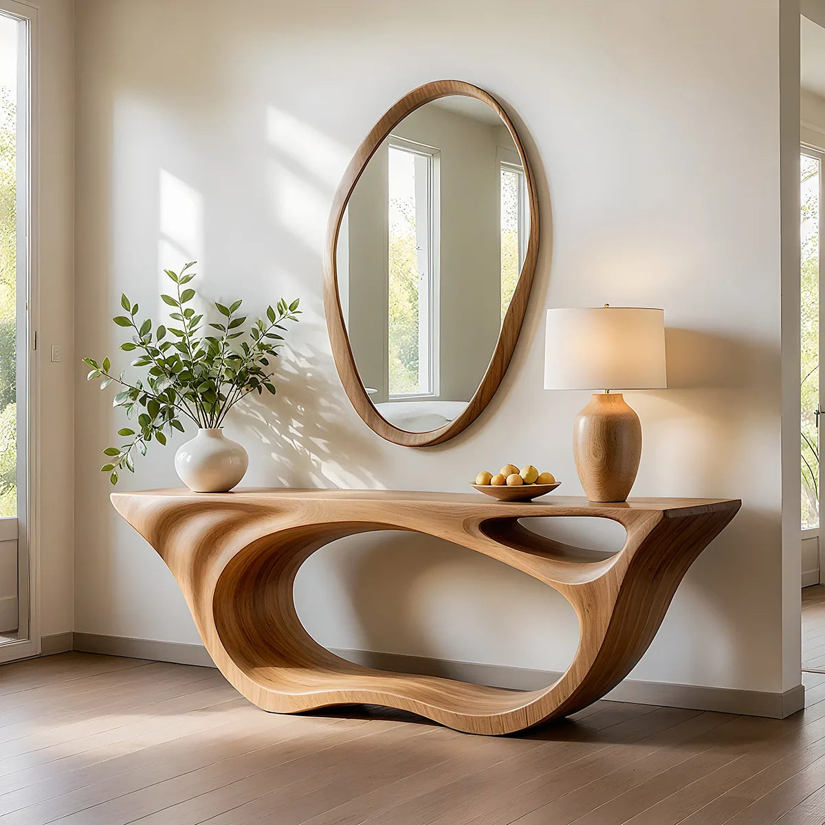 Sculptural Solid Wood Console Table with Organic Openwork Base