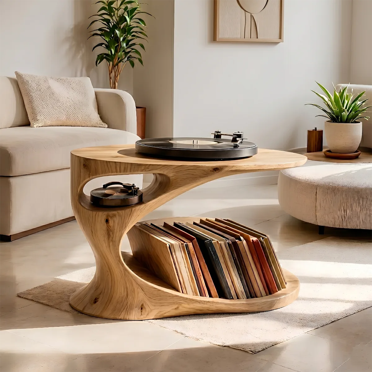 Elegant Solid Wood Record Player Stand with Curved Vinyl Storage