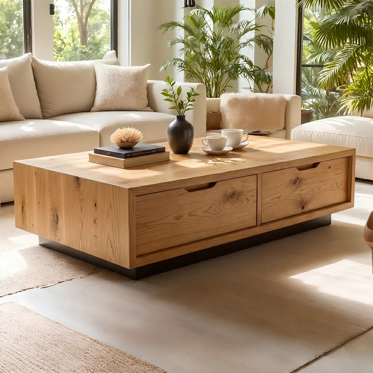 Modern Solid Wood Coffee Table with Large Dual Storage Drawers