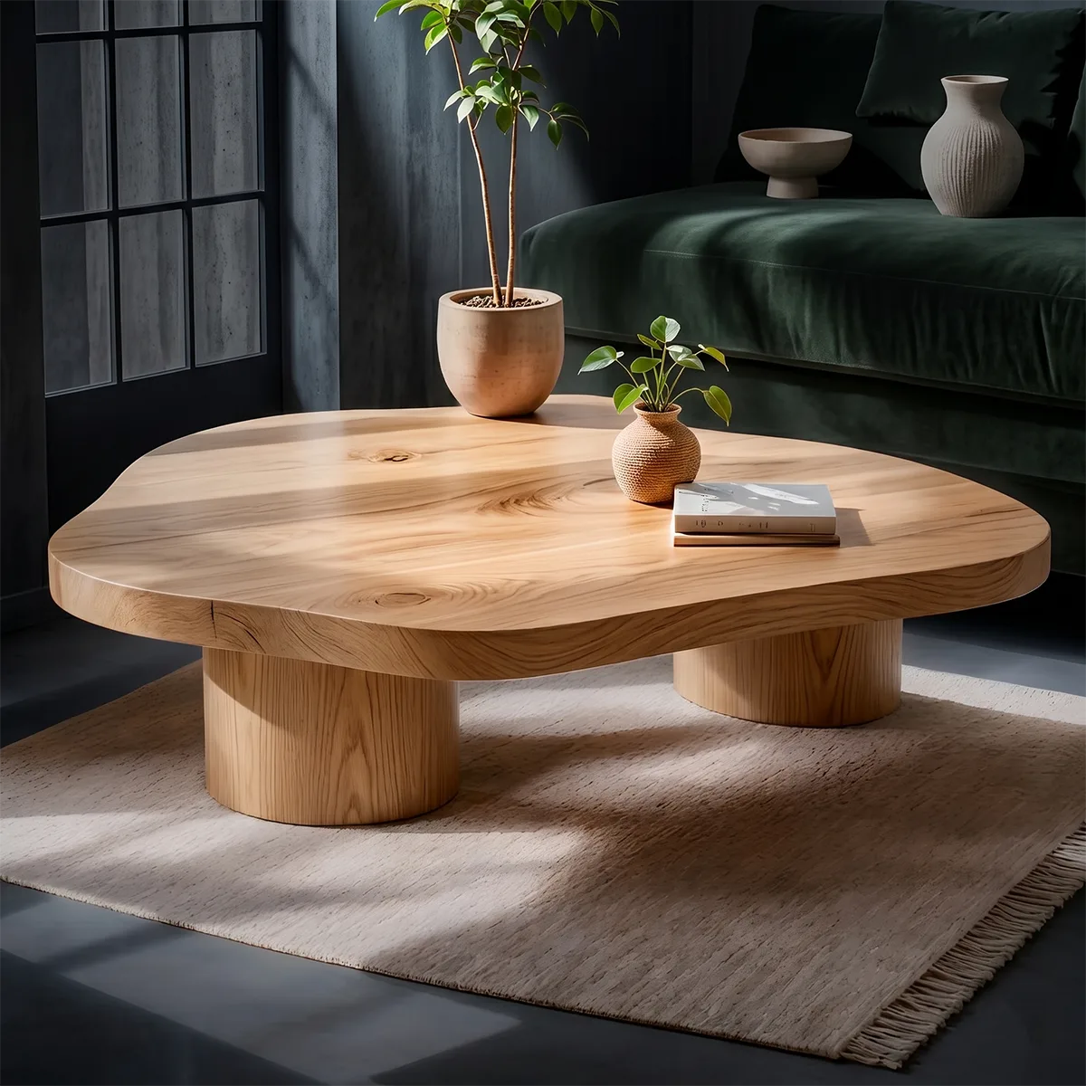 Organic Solid Wood Coffee Table | Freeform Hardwood Coffee Table with Dual Pedestal Base TT006-4716