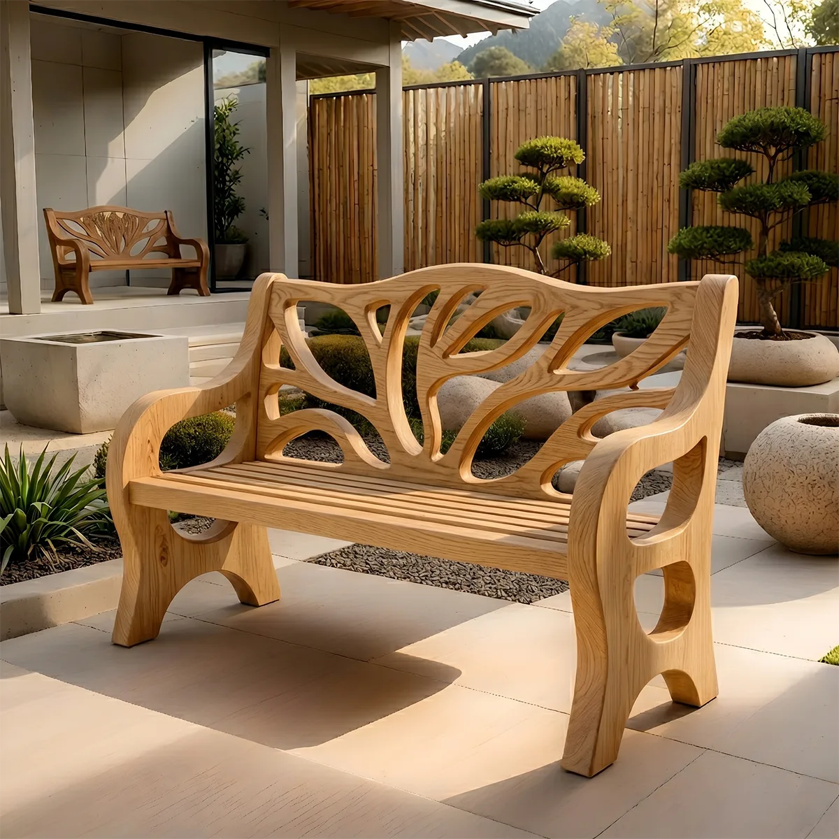 Handcrafted Solid Wood Outdoor Garden Bench Organic Branch Backrest