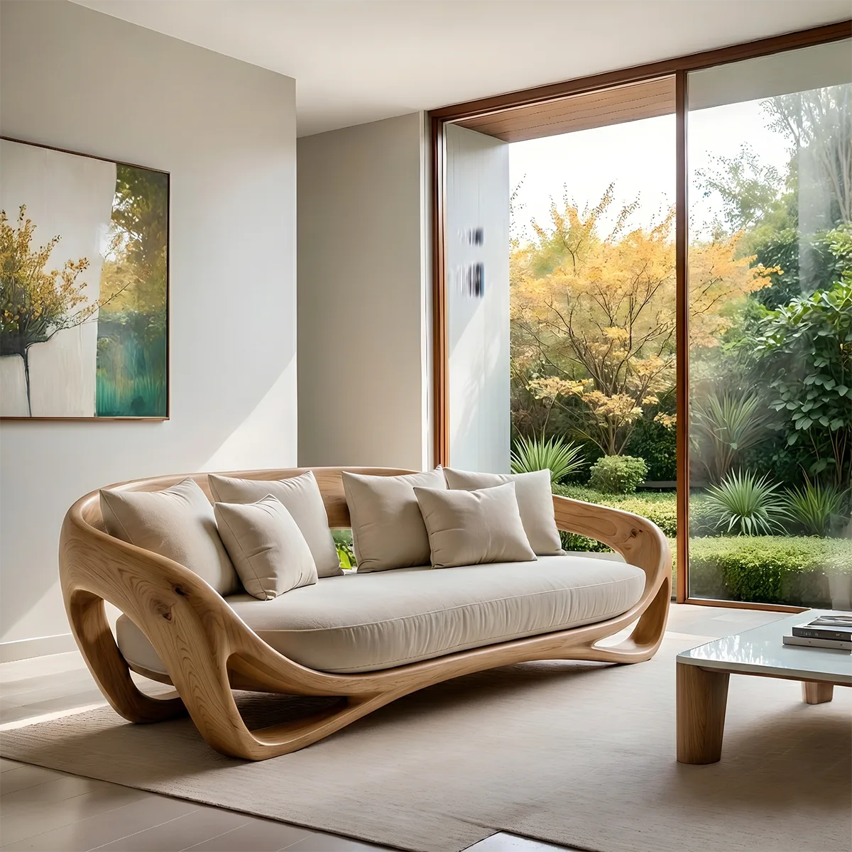 Luxury Organic Modern Curved Solid Wood Sofa with Sculptural Frame