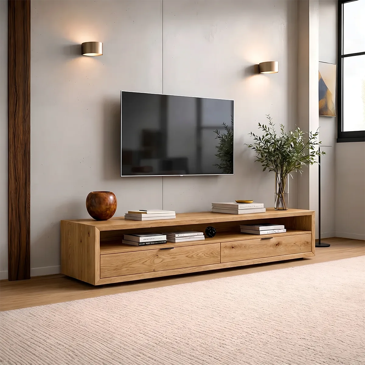 Modern Solid Wood Low Profile TV Stand with Open Shelving