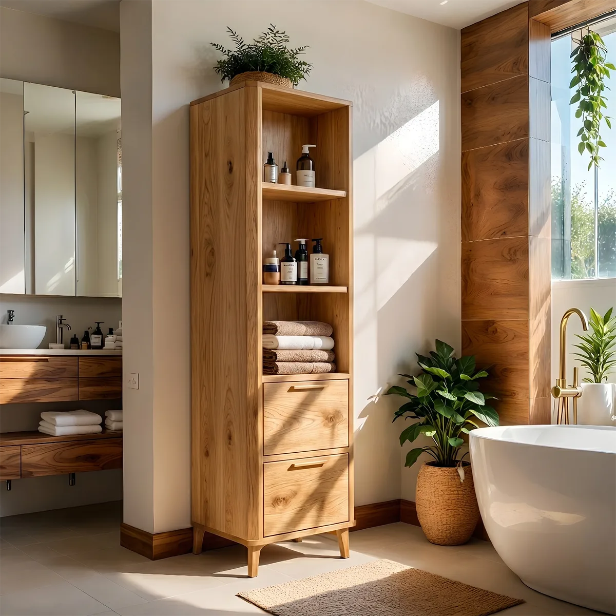 Tall Solid Wood Bathroom Storage Cabinet with Shelves