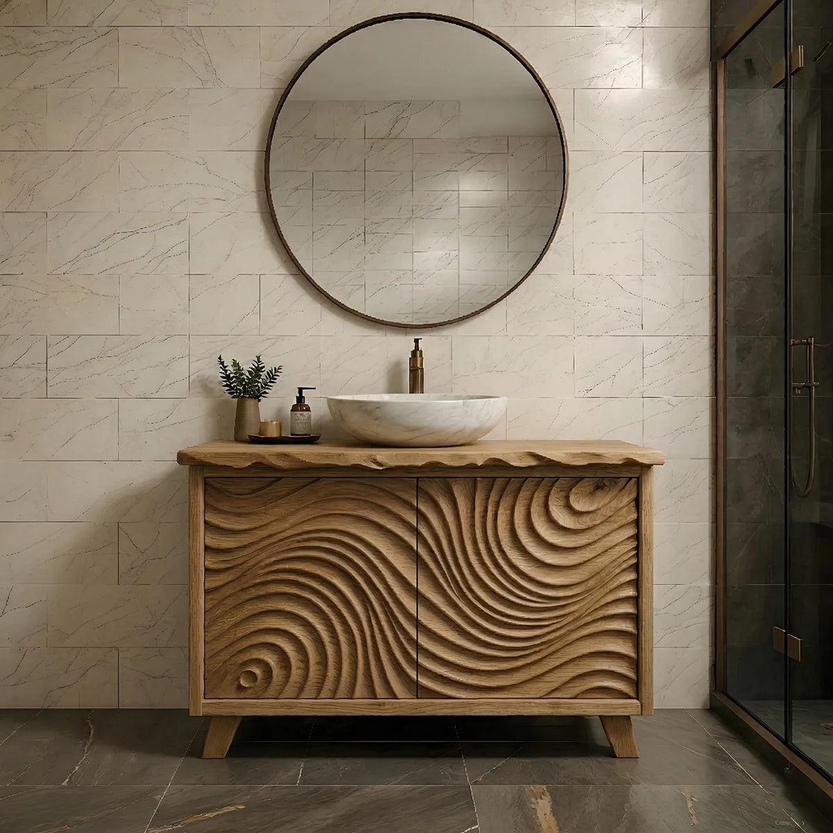 Solid Wood Bathroom Vanity with Carved Wave Doors and Live Edge Top