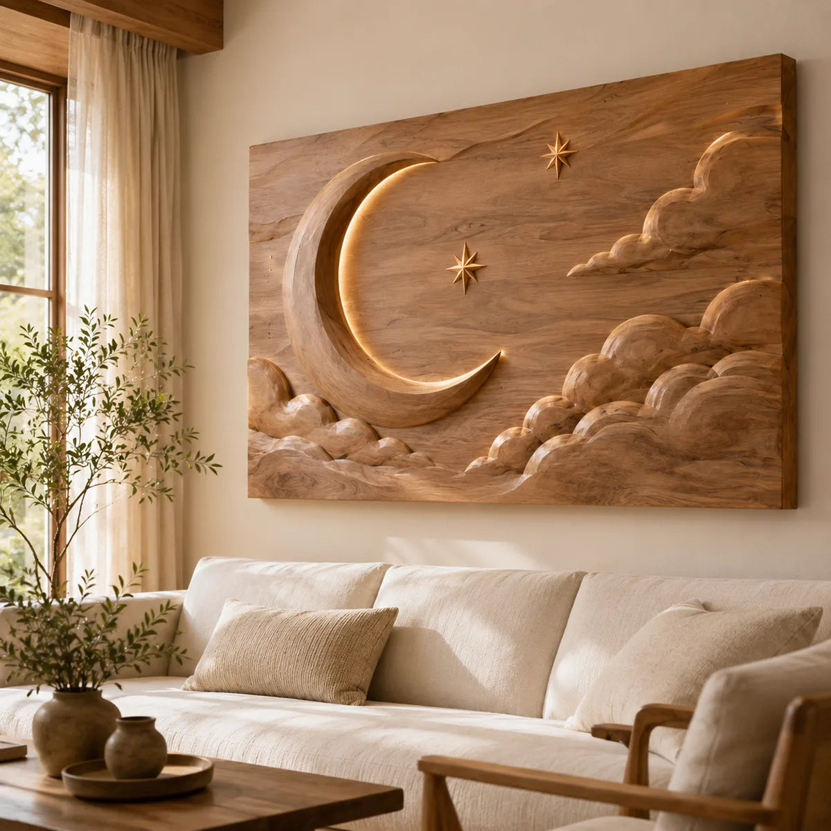 Celestial Moon Wood Wall Art | Crescent Moon & Clouds Wooden Wall Decor for Living Room, Bedroom & Nursery TT006-2082