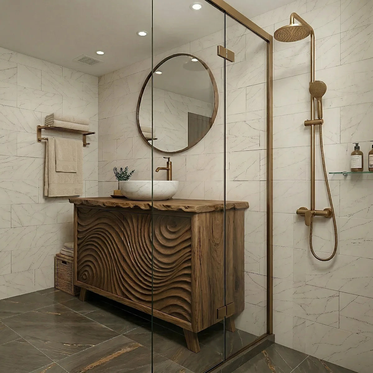 Solid Wood Bathroom Vanity with Carved Wave Doors and Live Edge Top
