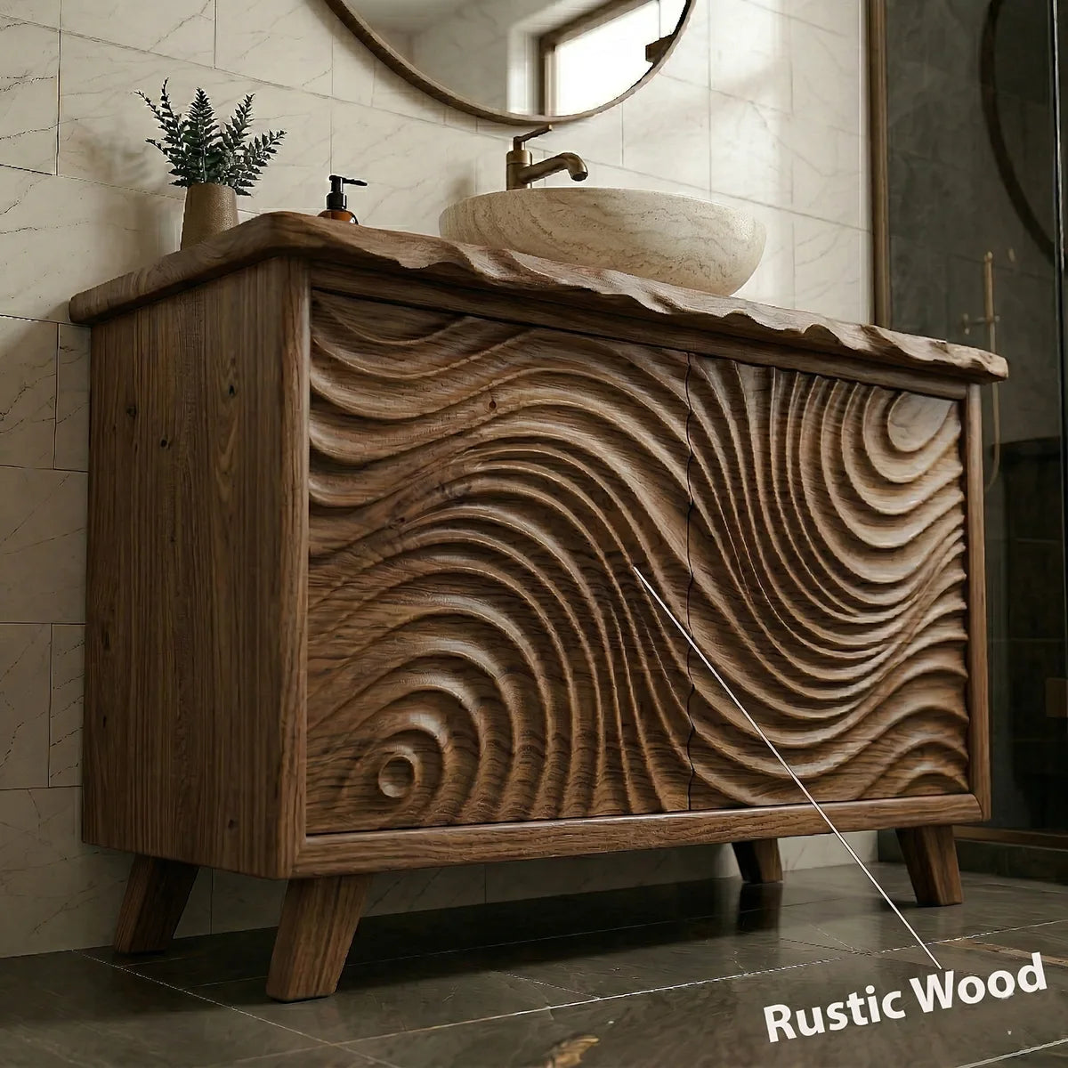 Solid Wood Bathroom Vanity with Carved Wave Doors and Live Edge Top