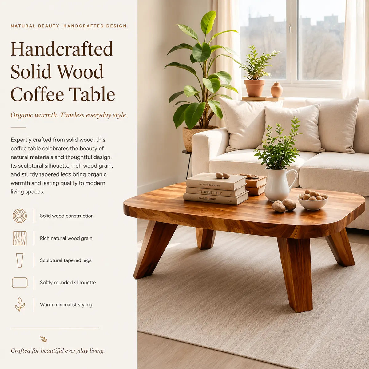 Handcrafted Organic Modern Coffee Table with Rounded Rectangle Top TT006-6610