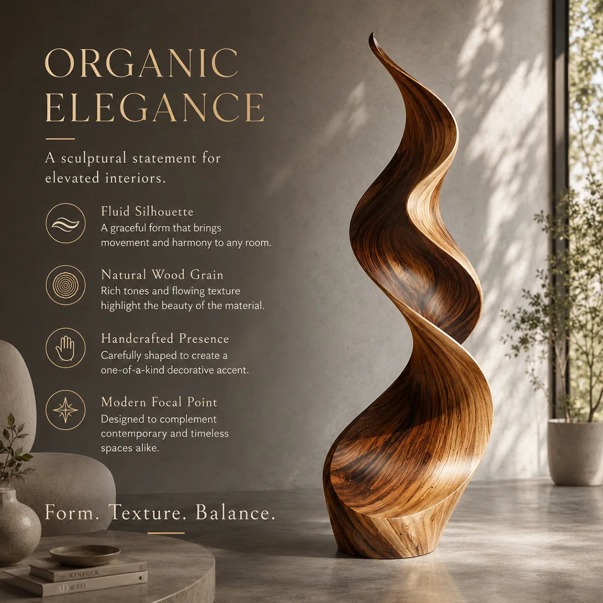 Handcrafted Solid Wood Flame Sculpture – Modern Organic Floor Art for Living Room TT006-7224
