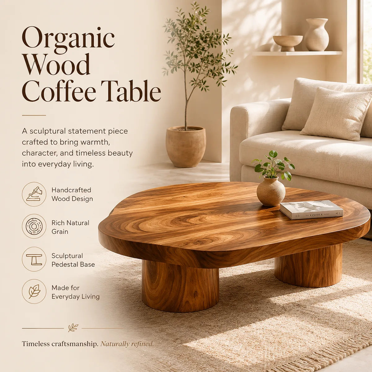 Organic Solid Wood Coffee Table | Freeform Hardwood Coffee Table with Dual Pedestal Base TT006-4716
