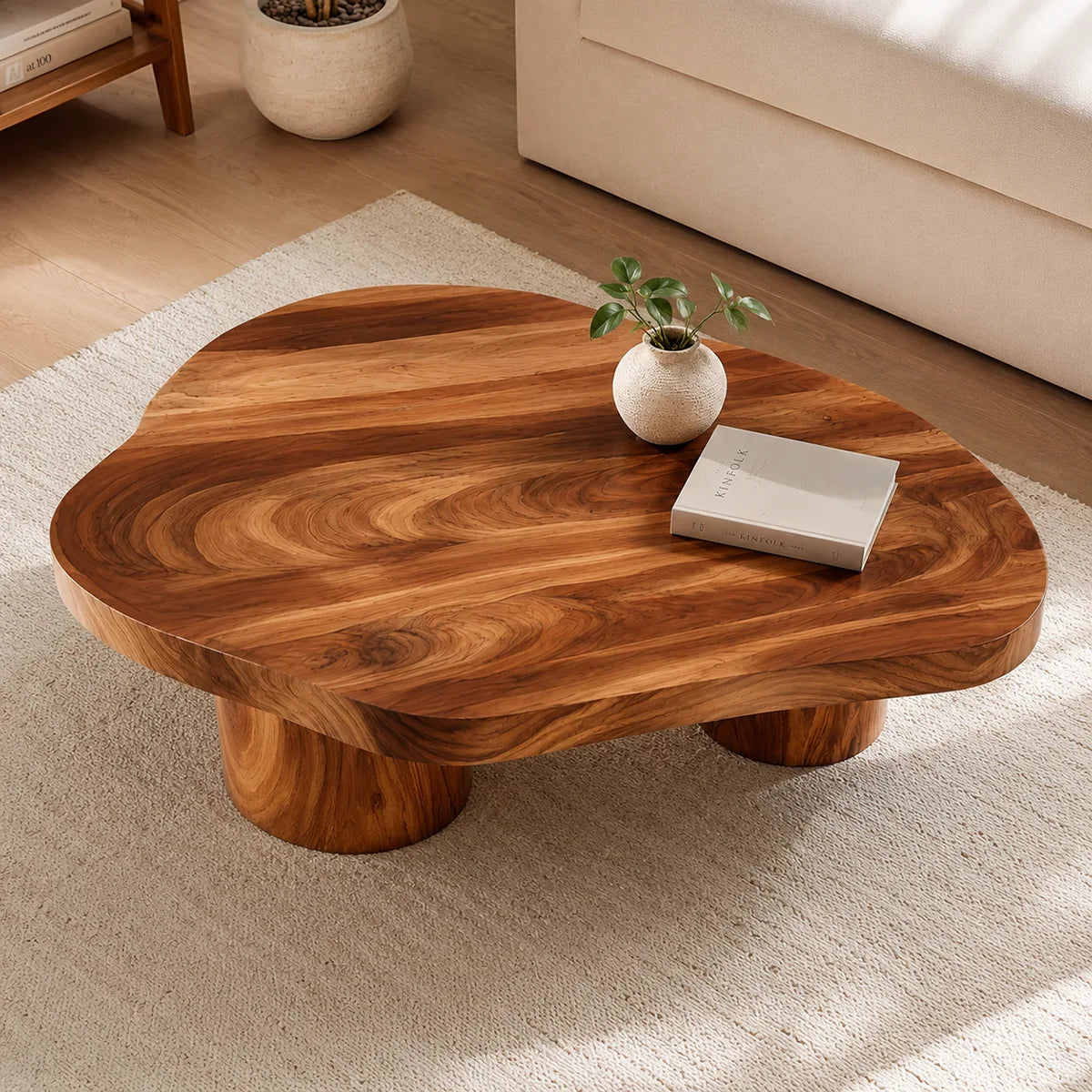 Organic Solid Wood Coffee Table | Freeform Hardwood Coffee Table with Dual Pedestal Base TT006-4716