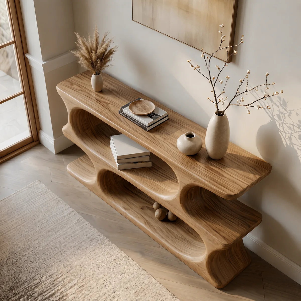 Two-Tier Solid Wood Console Table | Organic Sculptural Design HL020-9527
