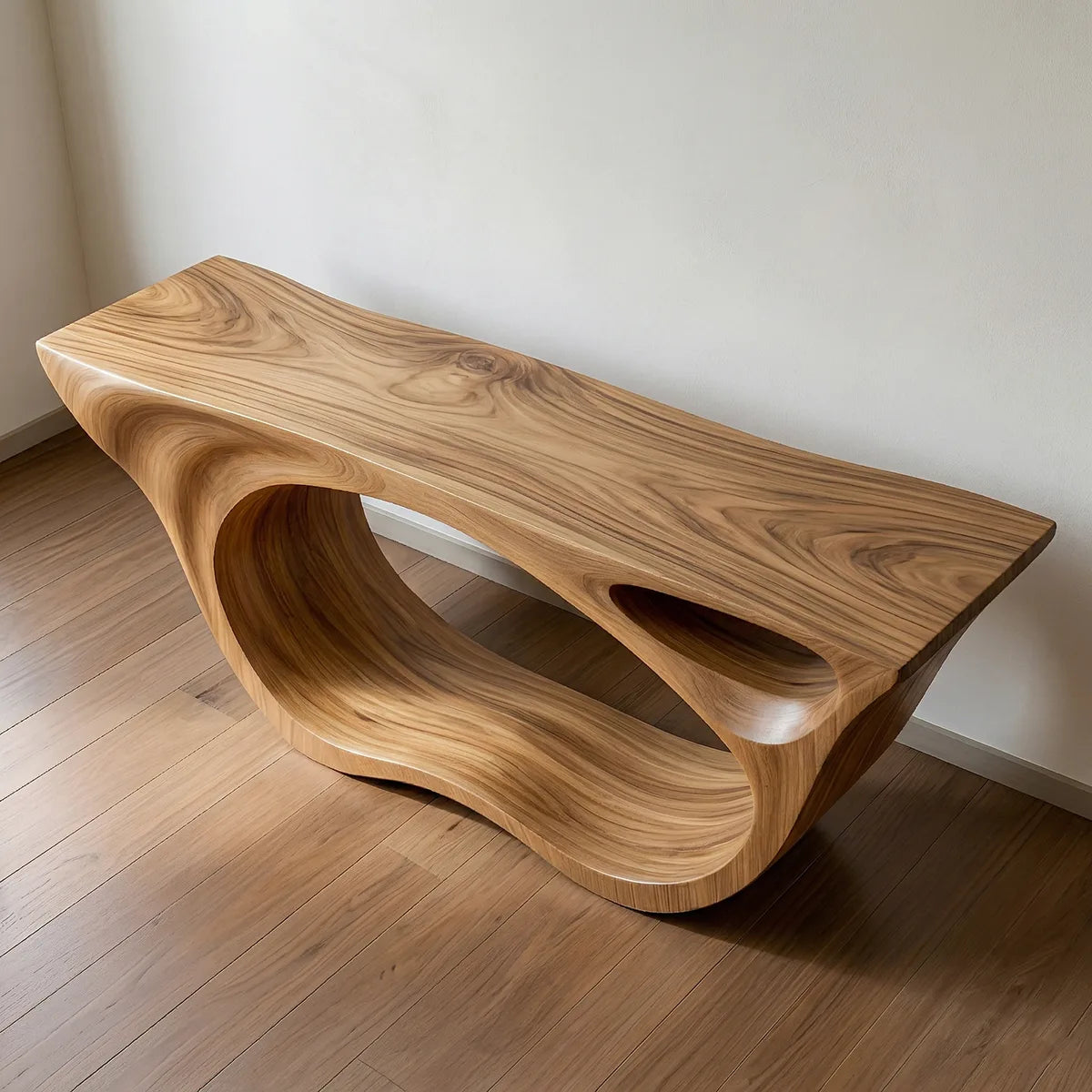 Sculptural Solid Wood Console Table with Organic Openwork Base