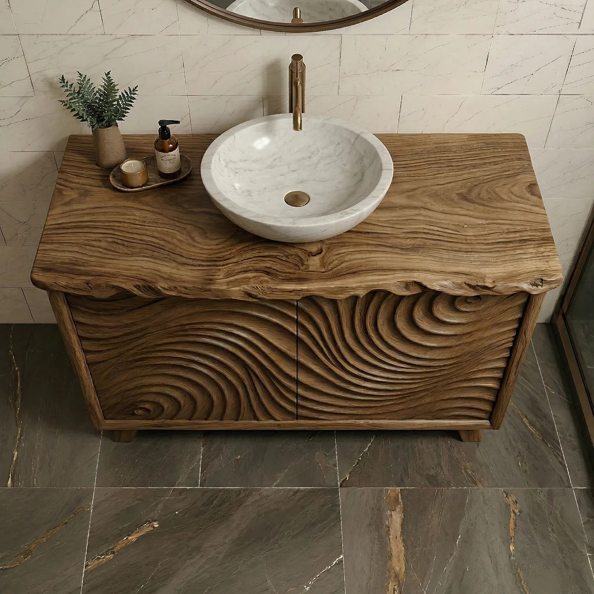 Solid Wood Bathroom Vanity with Carved Wave Doors and Live Edge Top