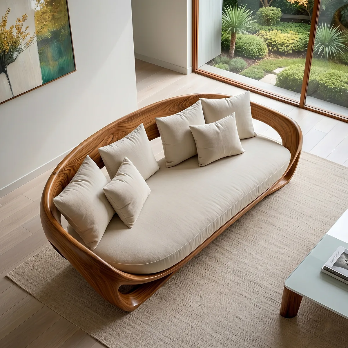 Luxury Organic Modern Curved Solid Wood Sofa with Sculptural Frame