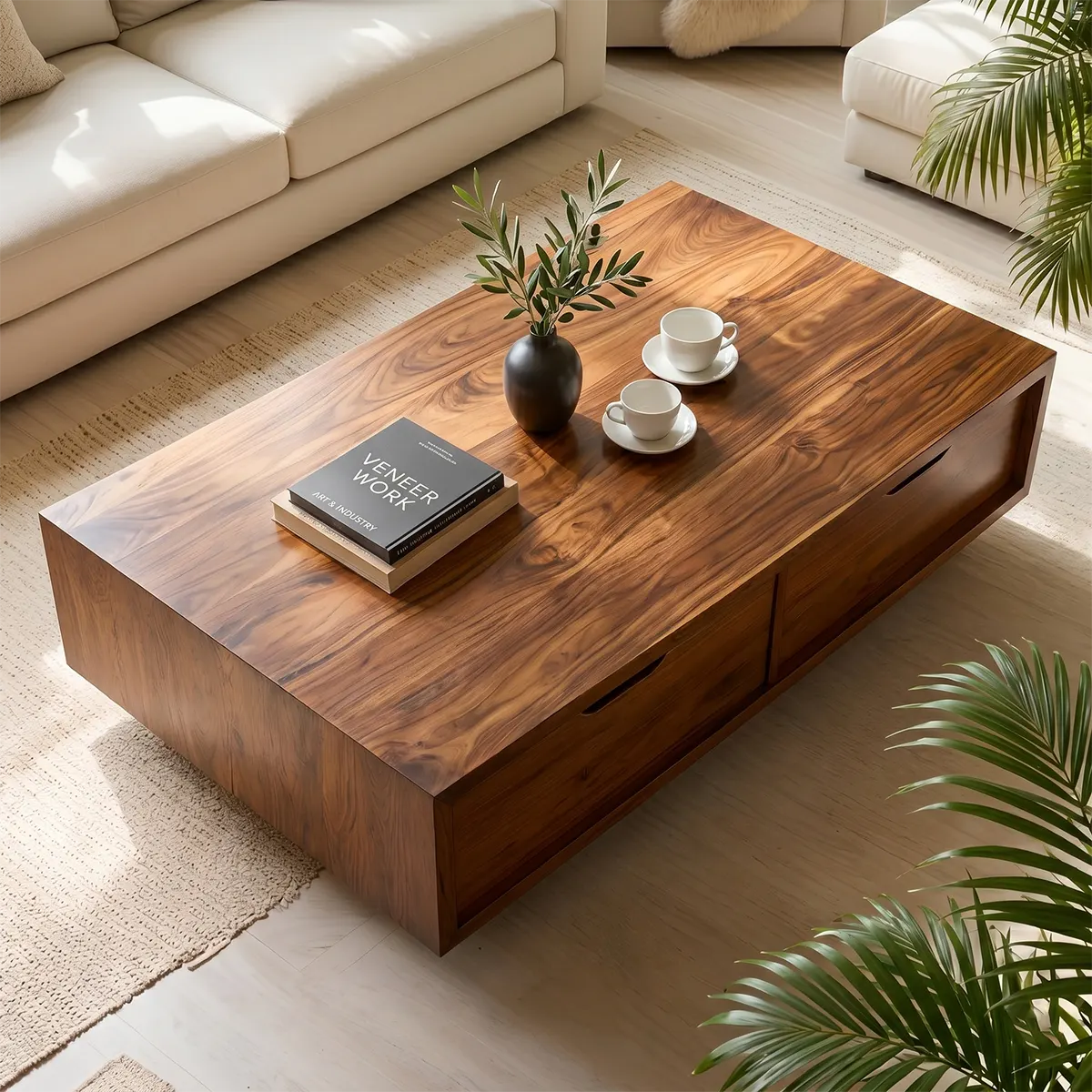 Modern Solid Wood Coffee Table with Large Dual Storage Drawers