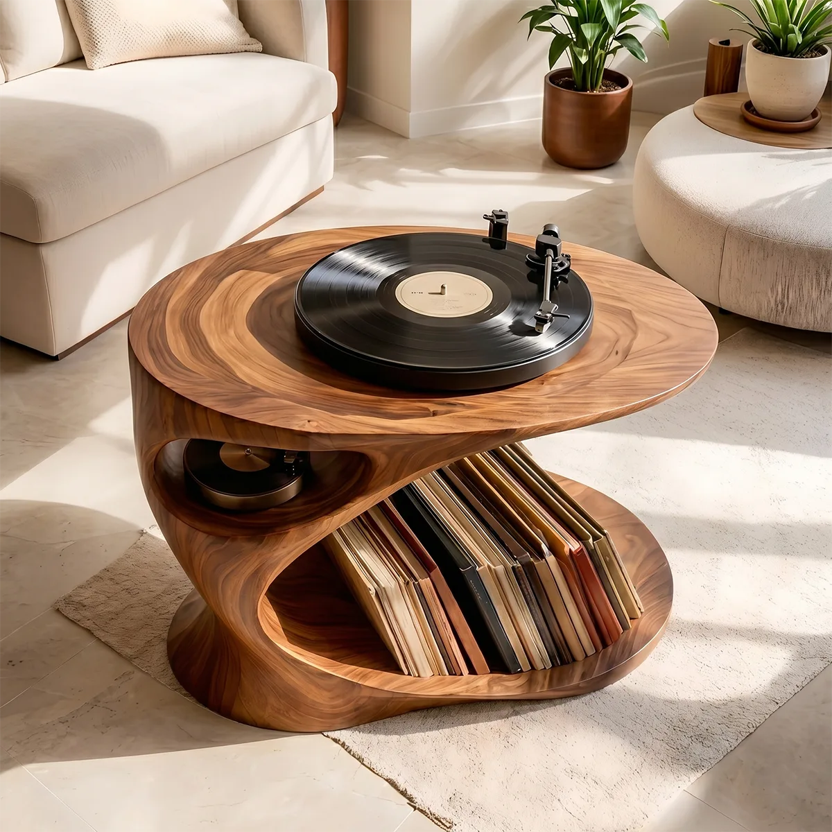 Elegant Solid Wood Record Player Stand with Curved Vinyl Storage