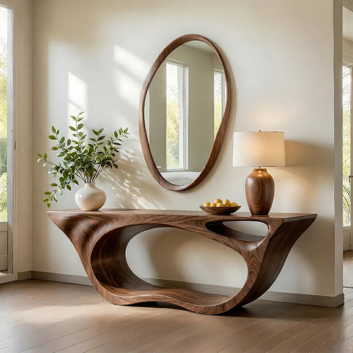 Sculptural Solid Wood Console Table with Organic Openwork Base