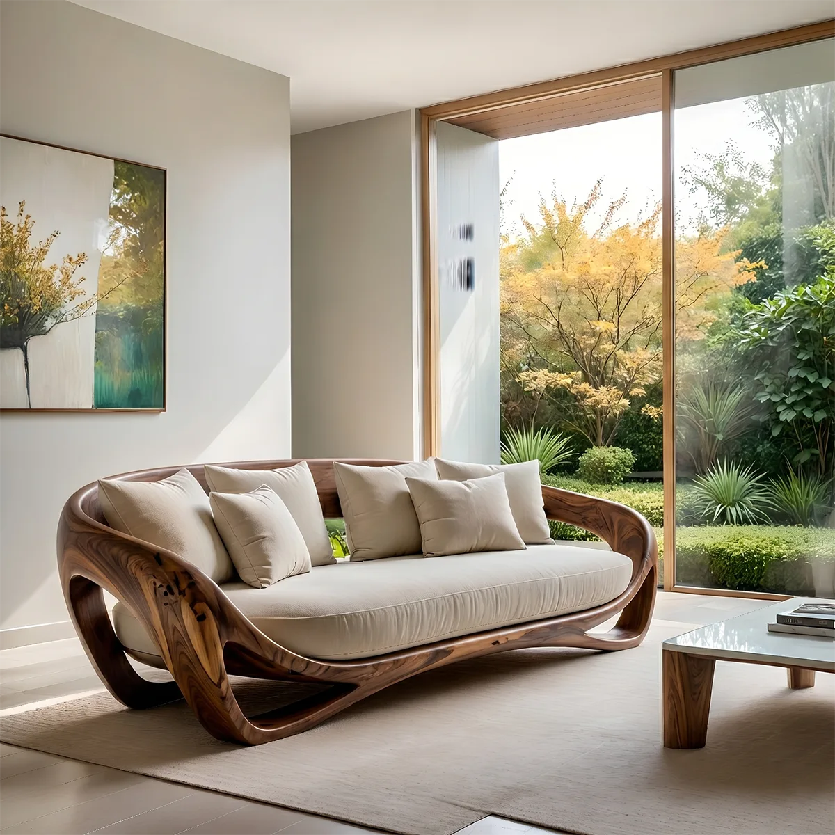 Luxury Organic Modern Curved Solid Wood Sofa with Sculptural Frame