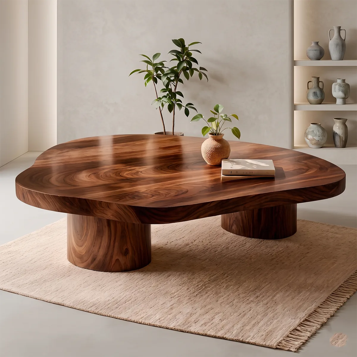 Organic Solid Wood Coffee Table | Freeform Hardwood Coffee Table with Dual Pedestal Base TT006-4716