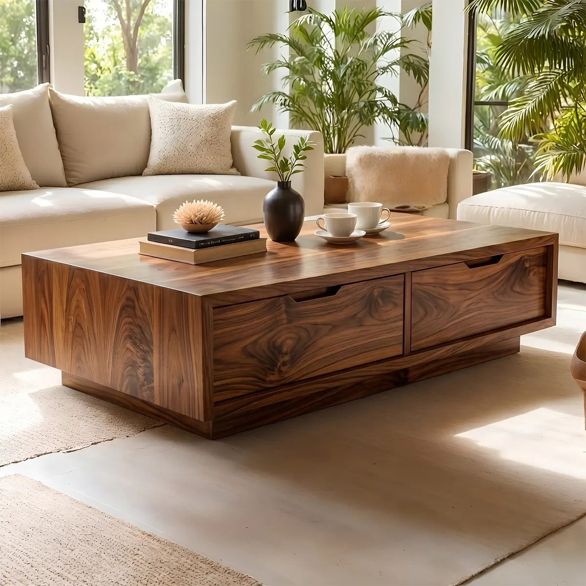Modern Solid Wood Coffee Table with Large Dual Storage Drawers