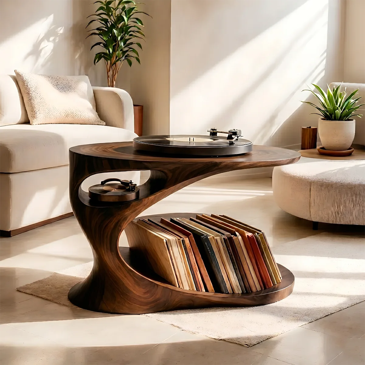 Elegant Solid Wood Record Player Stand with Curved Vinyl Storage