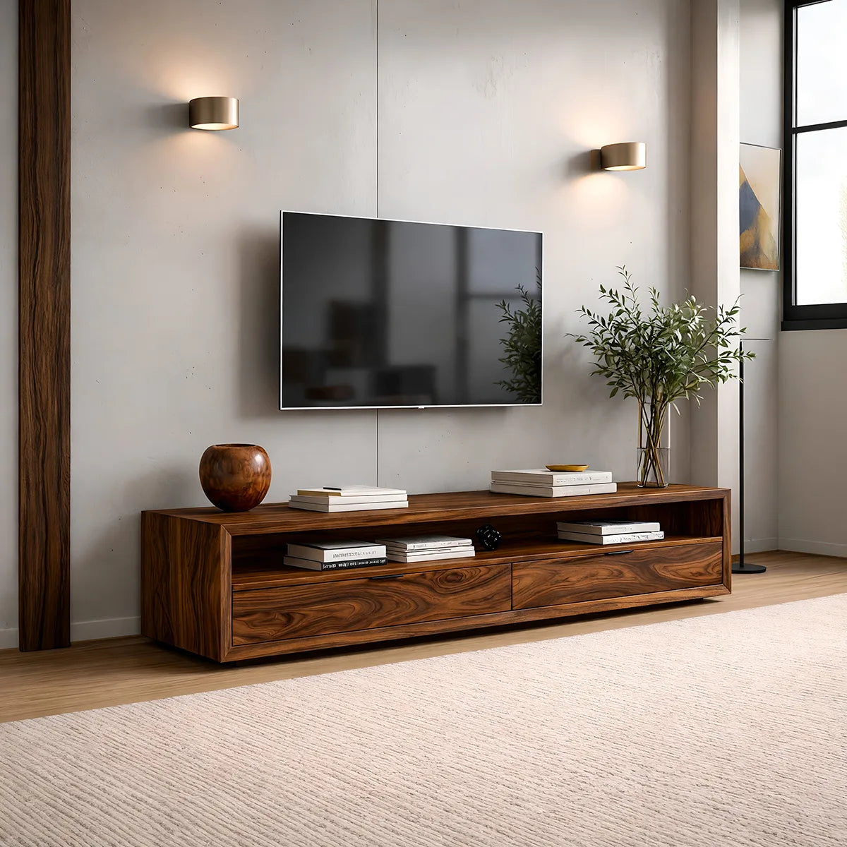 Modern Solid Wood Low Profile TV Stand with Open Shelving