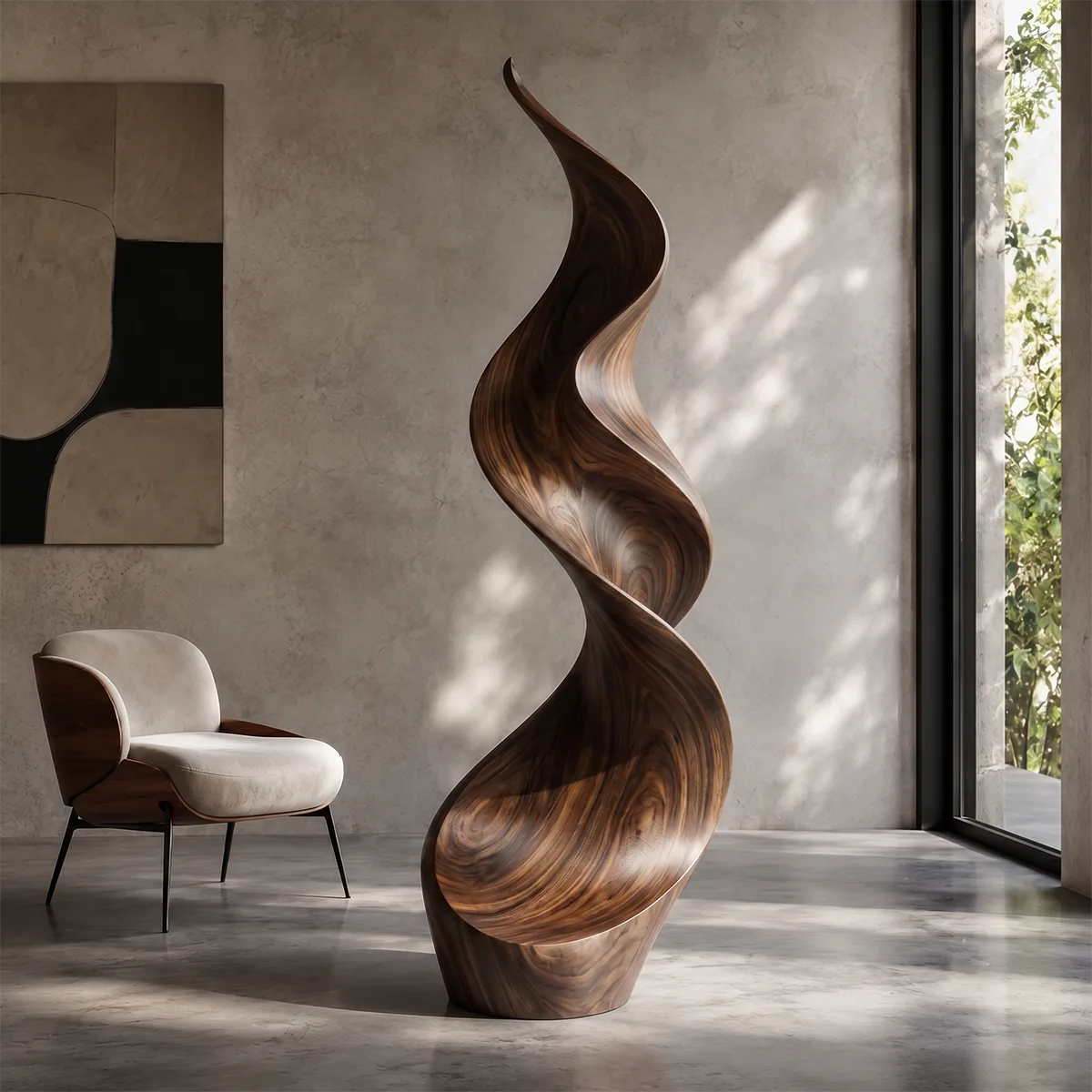 Handcrafted Solid Wood Flame Sculpture – Modern Organic Floor Art for Living Room TT006-7224