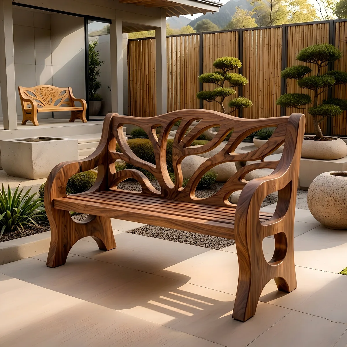 Handcrafted Solid Wood Outdoor Garden Bench Organic Branch Backrest