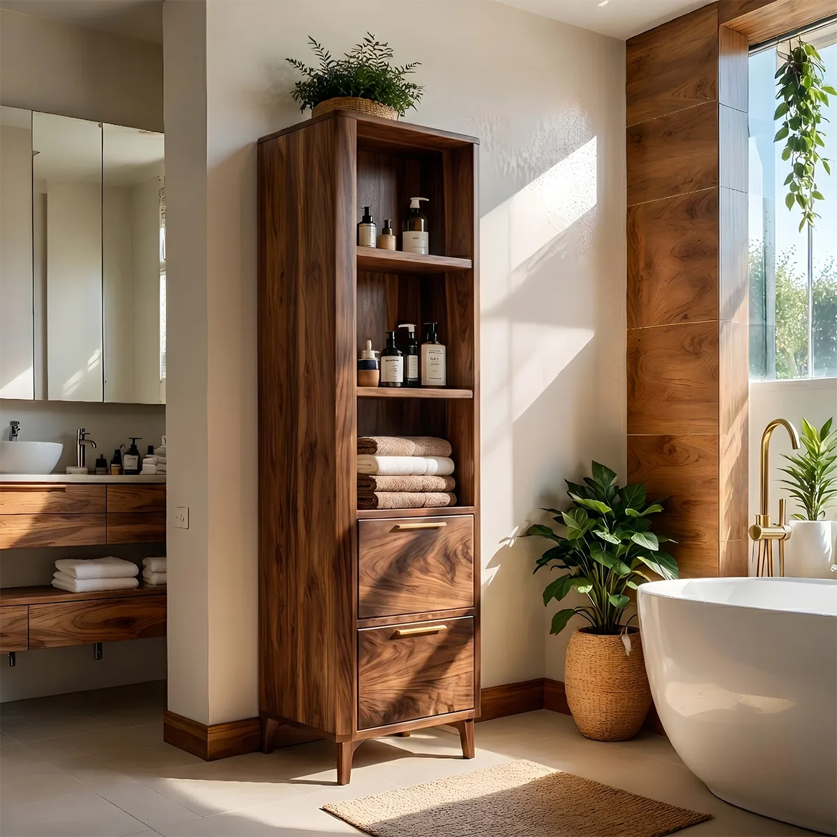 Tall Solid Wood Bathroom Storage Cabinet with Shelves